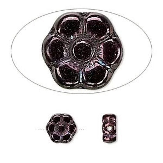 Czech Pressed Glass Purple Bronze Flower Beads, 8.5x4.5mm, 1 Strand (approx. 50)