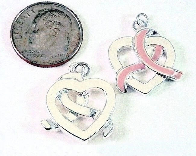 Silver-Plated Enameled Pink Ribbon Awareness Heart Charms, 18x20mm, 2 pcs