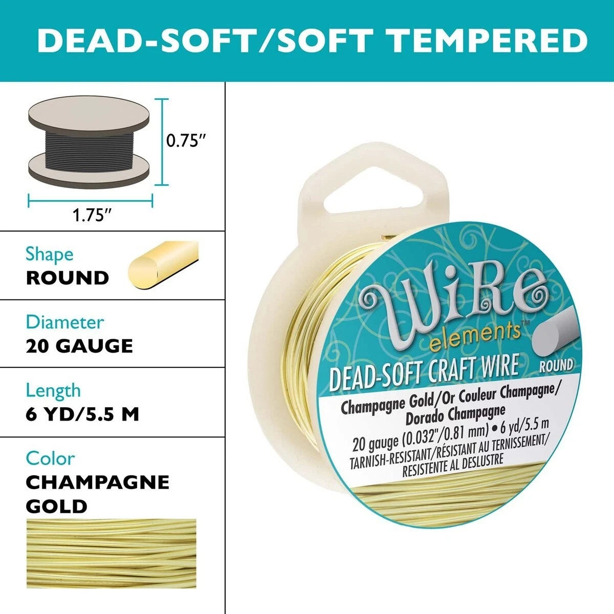Beadsmith Champagne Gold Round Wrapping Wire, 20 Gauge (0.81mm), 6 yd
