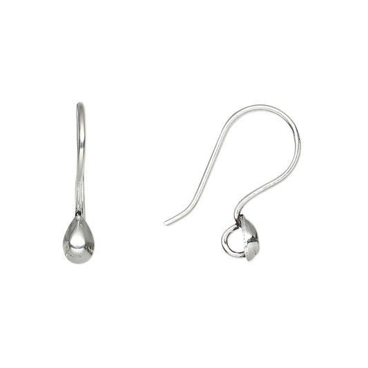 Silver Plated Copper Fishhook Ear Wires with Teardrop Half Ball, 12x18.5mm, 10 Pairs