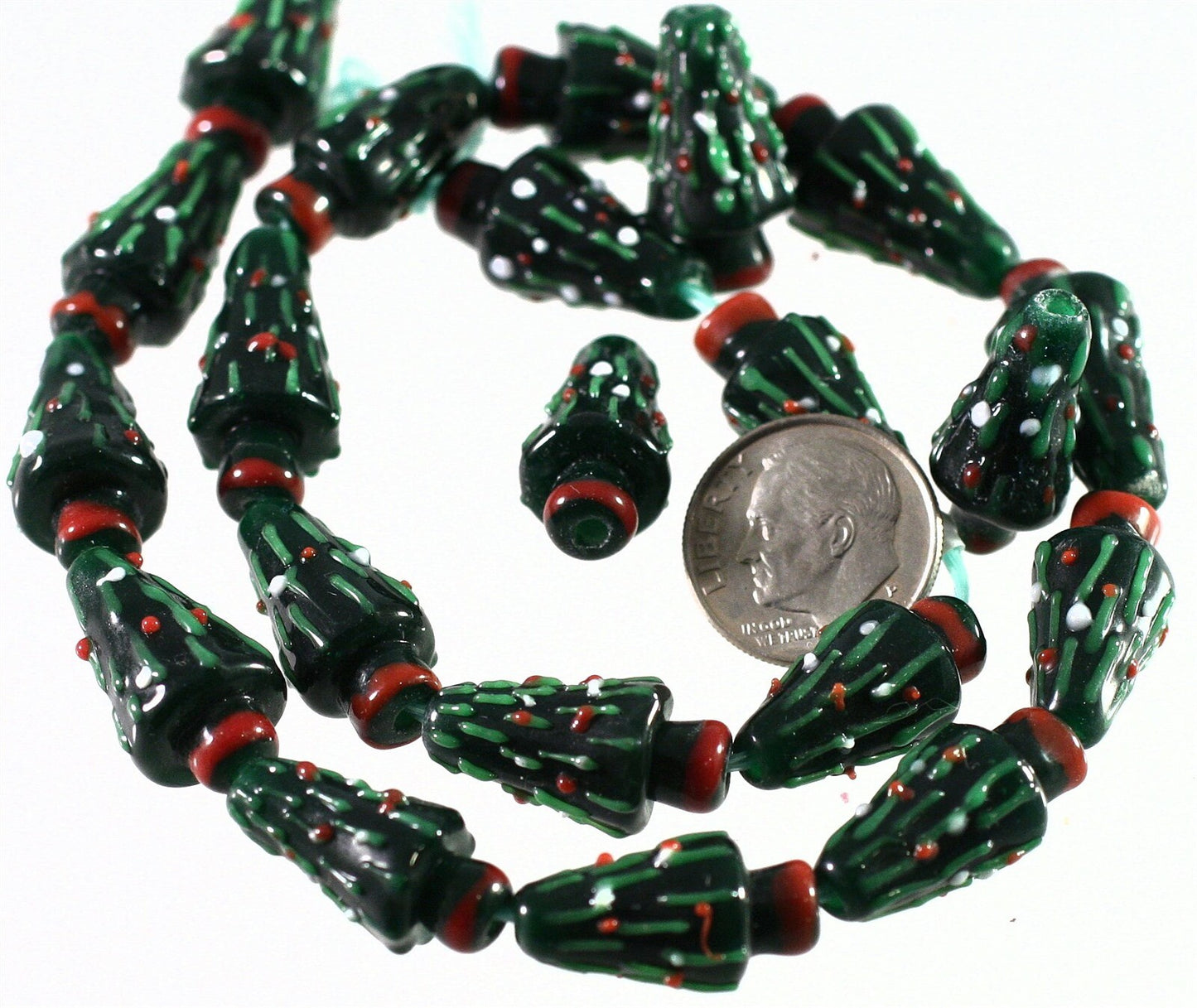 Lampwork Glass Dark Green 3D Christmas Tree 11x21mm Beads, 6 pcs