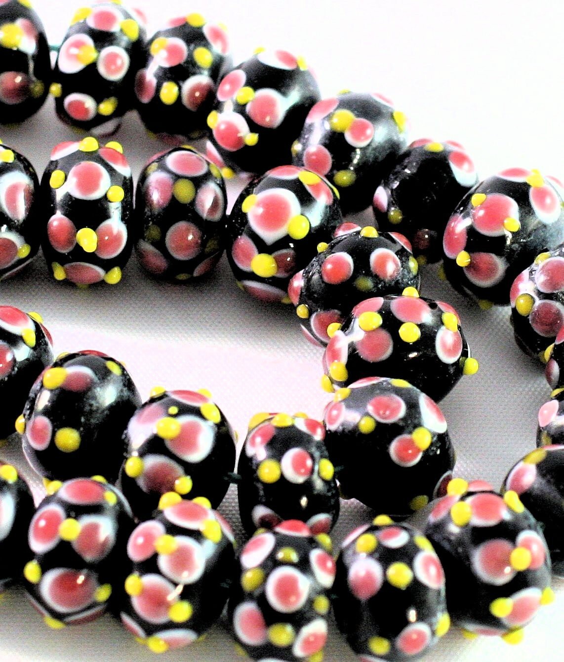 Lampwork Glass Black White Pink & Yellow 9x14mm Rondelle Beads, 10 pcs