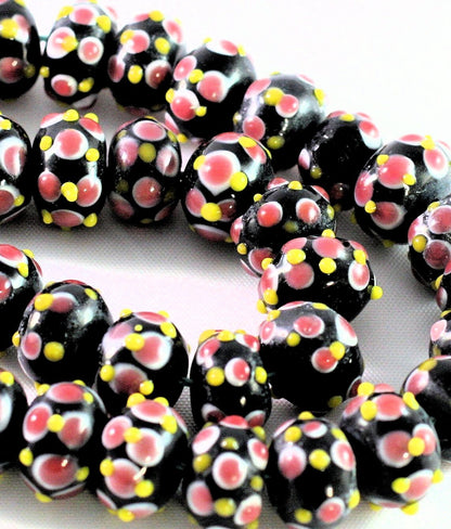 Lampwork Glass Black White Pink & Yellow 9x14mm Rondelle Beads, 10 pcs