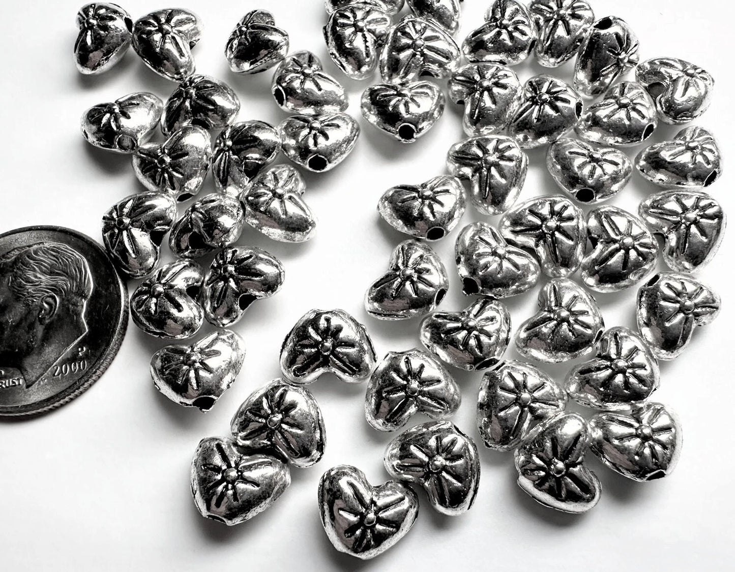 Antiqued Silver Plated Double-Sided Heart with Flower Beads, 8x6mm, 50 pcs