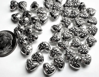 Antiqued Silver Plated Double-Sided Heart with Flower Beads, 8x6mm, 50 pcs