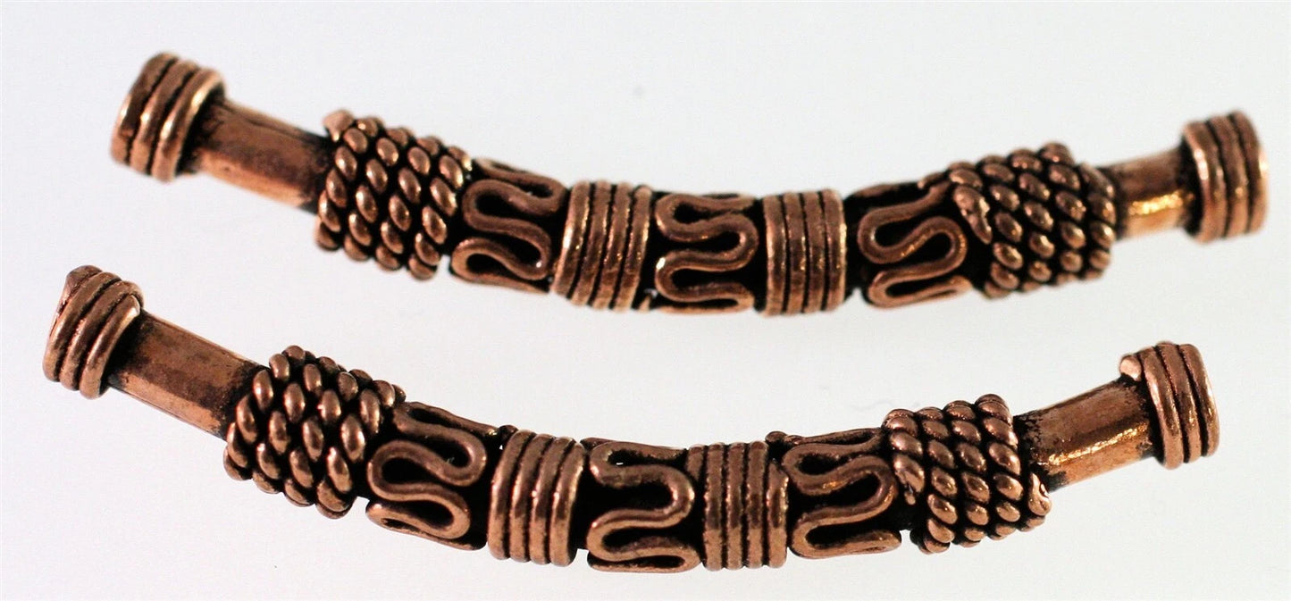 Antiqued Copper Textured Curved Tube Beads, 40x5mm, 2 pcs