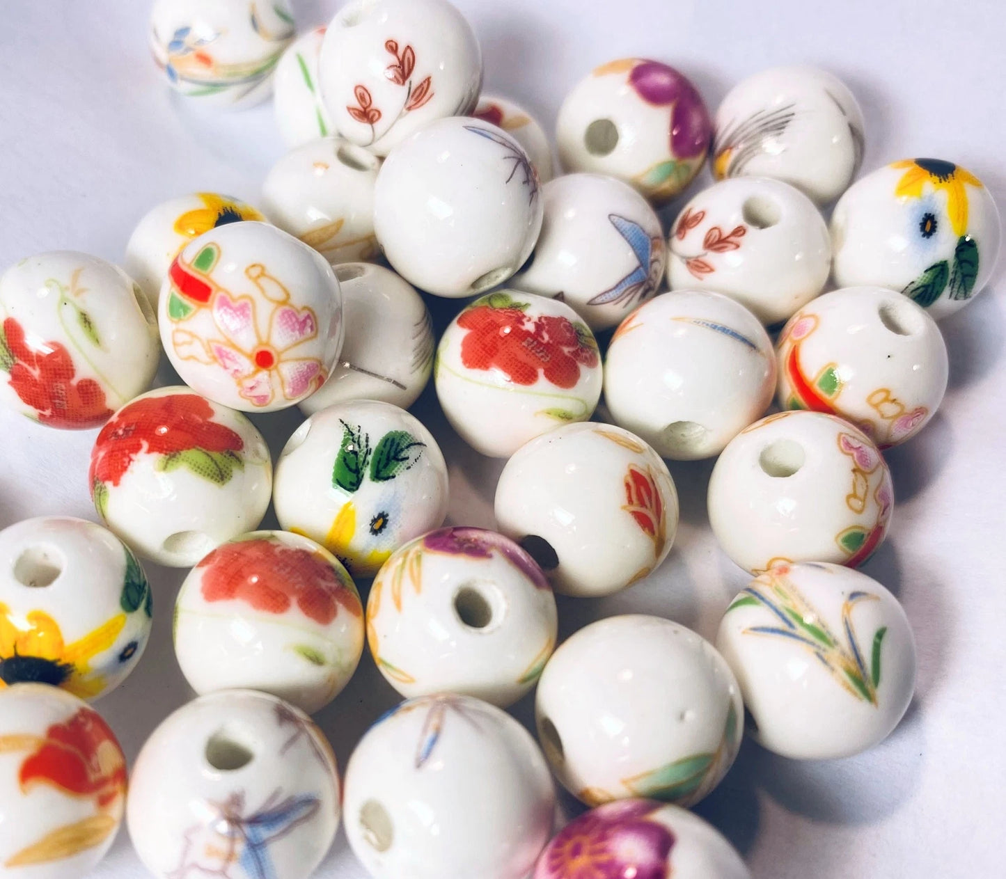 Handmade Porcelain Floral Round Bead Mix, 12mm, 32 pcs