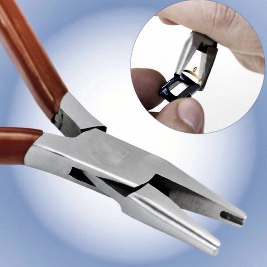 Close-up of a pair of metal chain-nose pliers with brown wooden handles, shown against a soft blue gradient background with a circular inset demonstrating the tip detail and a hand holding the tool.