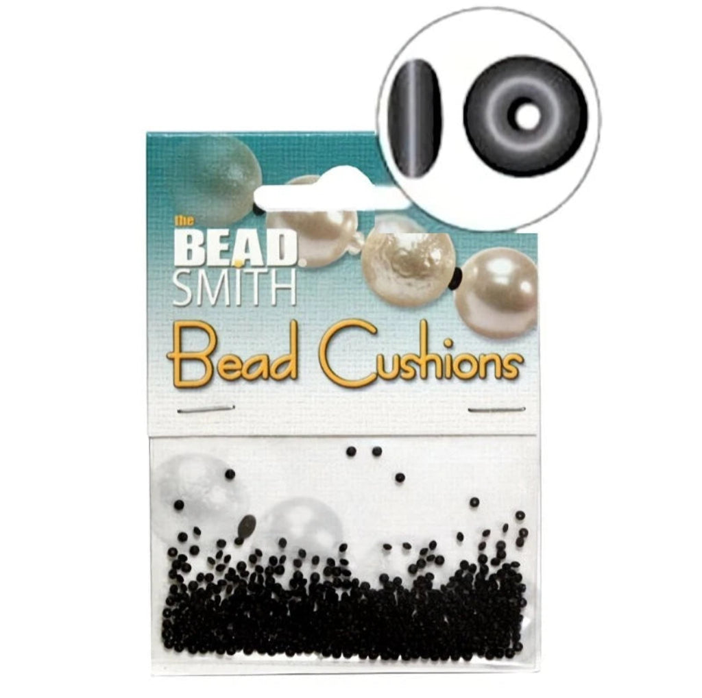 Bead Smith Bead Cushions package containing small black round beads, with a teal header card, pearl illustrations, and a circular inset showing the bead shape.