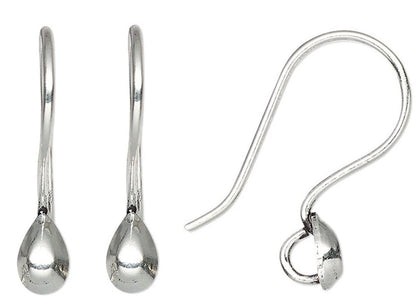Silver Plated Copper Fishhook Ear Wires with Teardrop Half Ball, 12x18.5mm, 10 Pairs