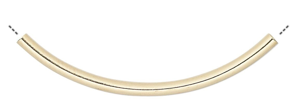 Gold Plated Brass Curved Tube Noodle Beads 38x2mm 1–1.2mm Hole (100 pc)