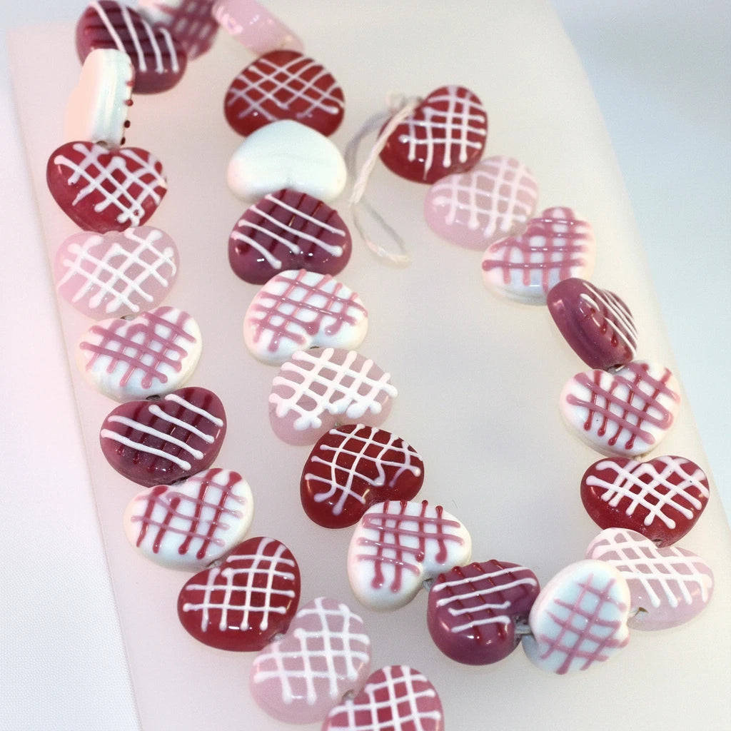 Lampwork Glass Heart Beads, Pink & White Criss Cross, 16x20mm, 1 strand