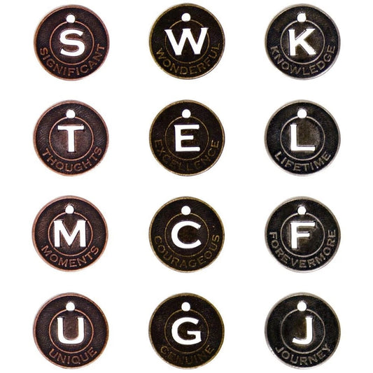 Tim Holtz Muse Word Token Charms, 22mm Mixed Metals - 12 pcs