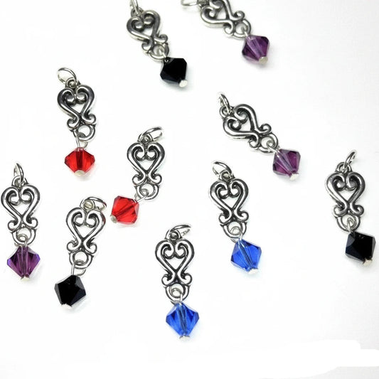 Antiqued Silver Pewter Heart Drop Charms with Swarovski Crystal Mix, 26x8mm, 8 pcs