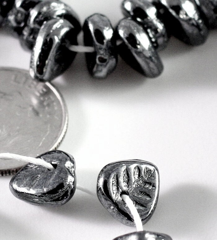 Czech Pressed Glass Hematite Grey Metallic Top-Drilled Leaf Beads 9x8.5mm (50 pc)
