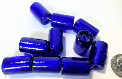 Lampwork Glass Sapphire Blue Silver Foil 11x18mm Barrel Beads, 10 pcs
