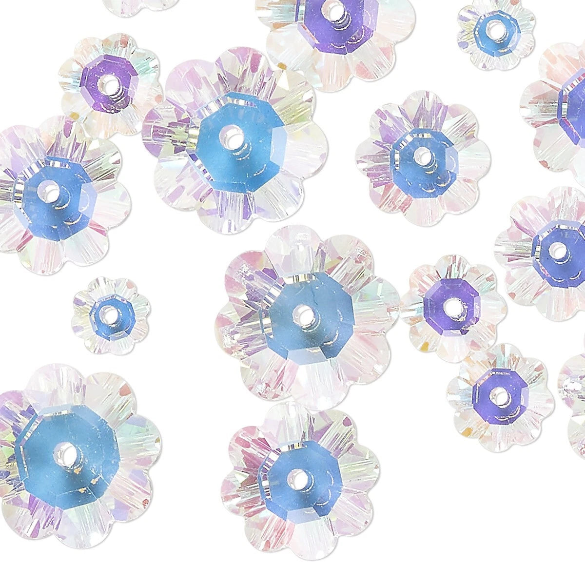 Iridescent flower-shaped beads with blue centers on a white background