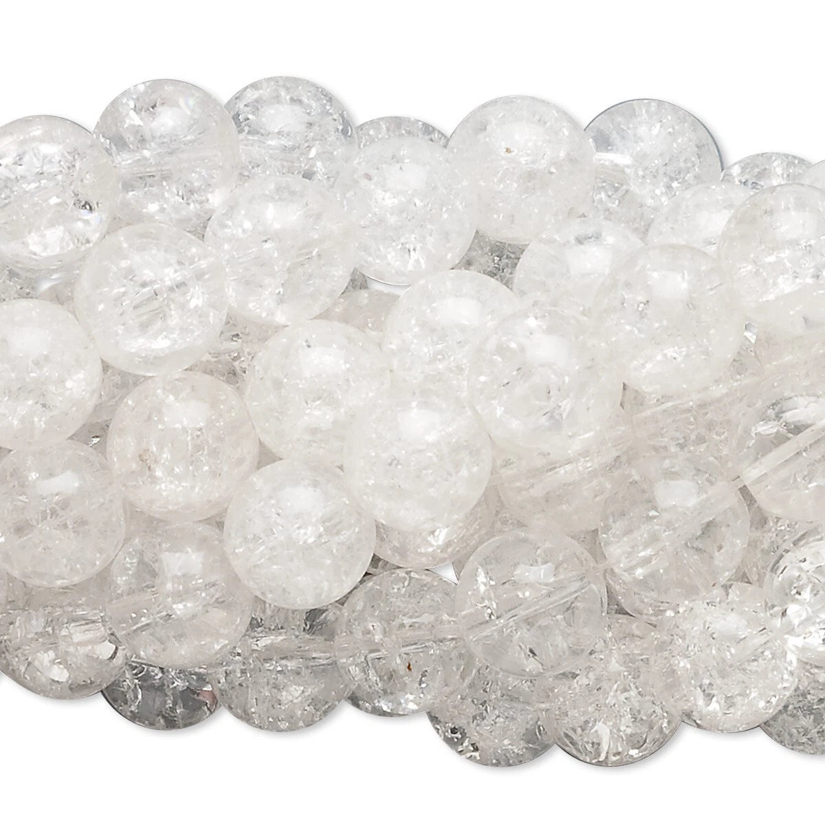 A close-up pile of clear, faceted round beads with a bubbly, frosted texture on a white background.