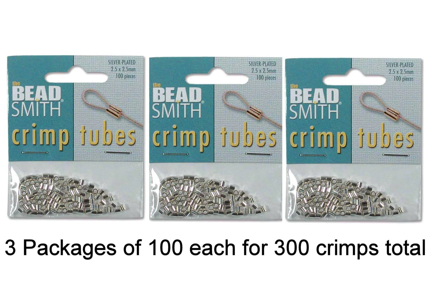 BeadSmith Silver Plated Tube Crimp Beads, 2.5x2.5mm 1.3mm ID - Pack of 300