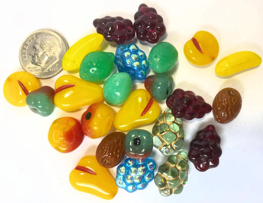 Bead Mix, 24 Glass Fruit Beads Bananas Grapes Pear Apples Limes Melons & More *