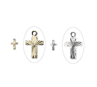 Cross Charms, Diamond-Cut, 9x7mm, Gold or Silver Plated Brass