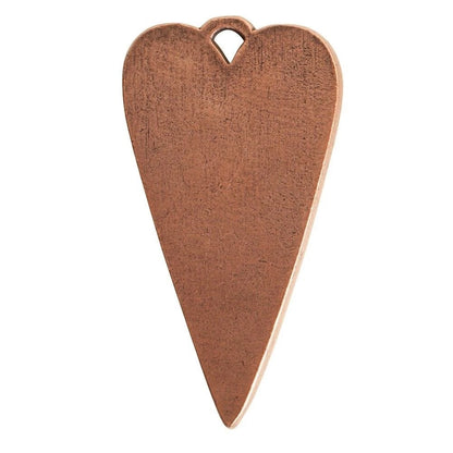 A blank, heart-shaped metal jewelry charm with a textured copper finish and a small loop at the top, shown on a solid white background.