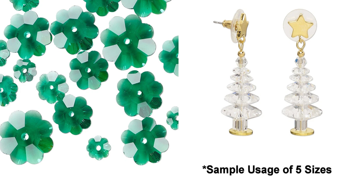 Bead Mix, 20 Emerald Green Margarita Flower Glass Crystal of 5 Graduated Sizes