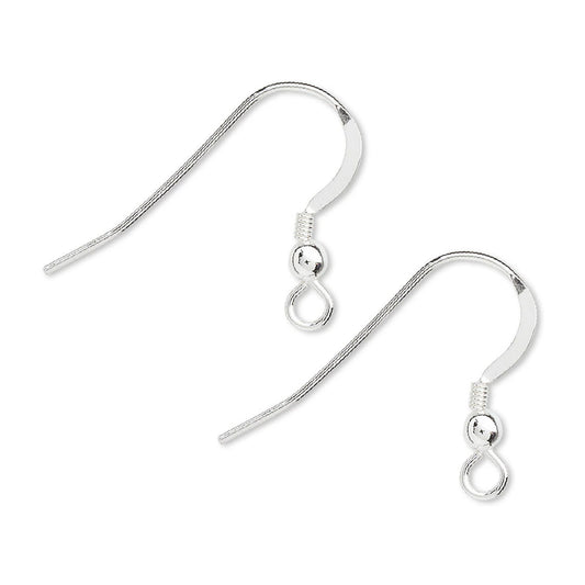 Sterling Silver Flat Fishhook Ear Wires with 3mm Ball & Coil, 19mm, 5 Pair (10 pcs)