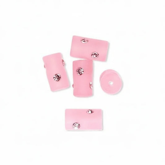 Frosted Pink Resin Round Tube Beads with Rose Swarovski Crystals, 10x6mm, 5 pcs