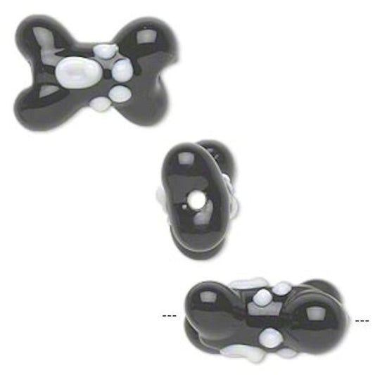 Lampwork Glass Black & White Double-Sided Dog Bone with Paw Print 13x20mm Beads, 4 pcs