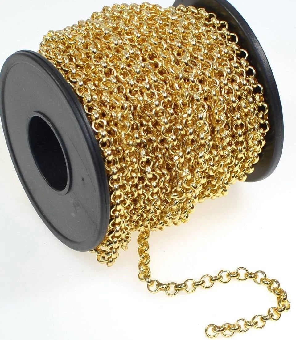 Gold Plated Brass Rolo/Belcher Chain, 3.9x1.2mm Links, 10 Meters (32.8 Feet)