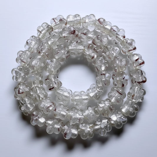 Lampwork Glass Flower Beads, Clear with Silver Foil & Purple Stripes, 11-13mm, 1 strand