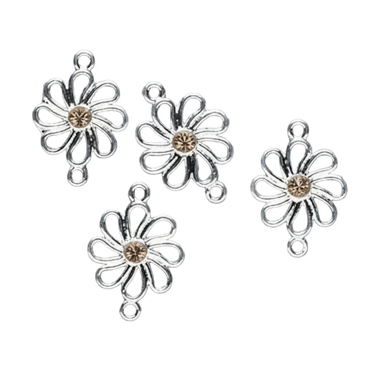 Silver-Finished Pewter Flower Links with Swarovski Colorado Topaz Crystals, 15mm, 4 pcs