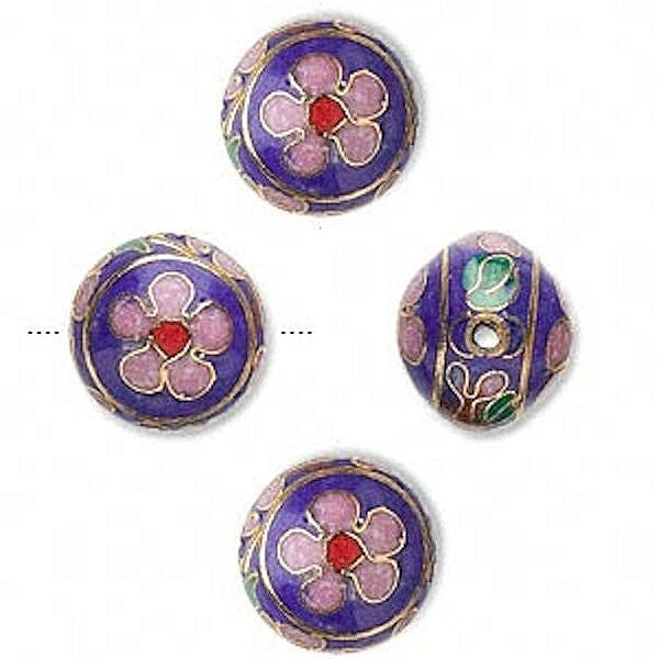 Cobalt Blue Cloisonné Puffed Flat Round Flower Beads 14mm, 4 pcs