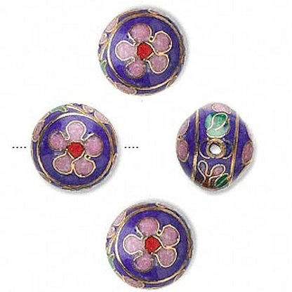 Cobalt Blue Cloisonné Puffed Flat Round Flower Beads 14mm, 4 pcs