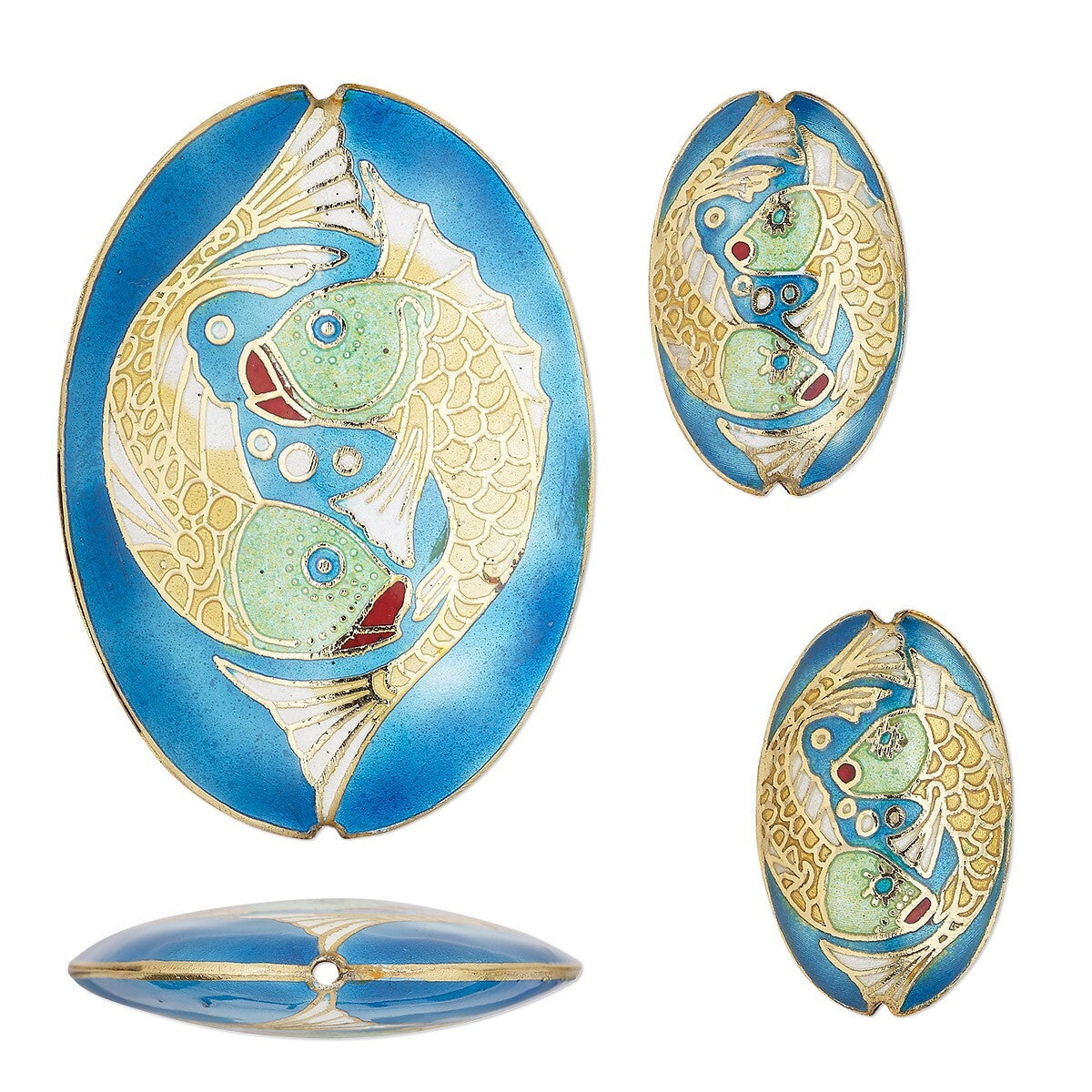 Blue Green Gold Fish Cloisonné Oval Bead Set, 3 pcs