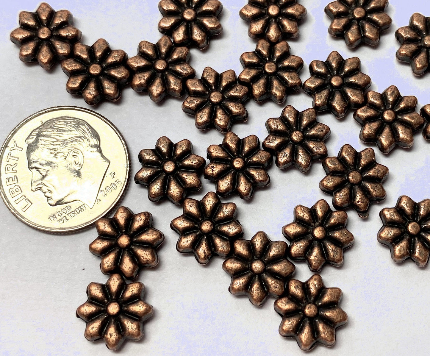 50 Antiqued Copper Plated Pewter 9x9mm Flower Beads with 1mm Hole