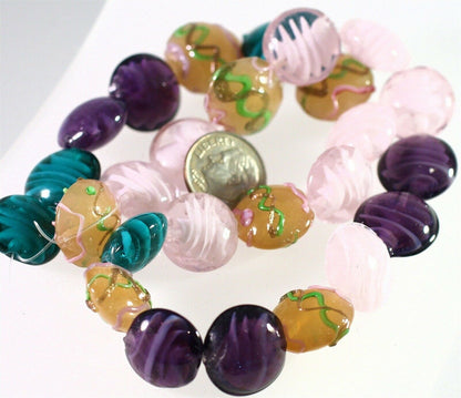 Lampworked Glass Multicolor 15-17mm Puffed Coin Beads, 1 Strand (approx. 24-26)