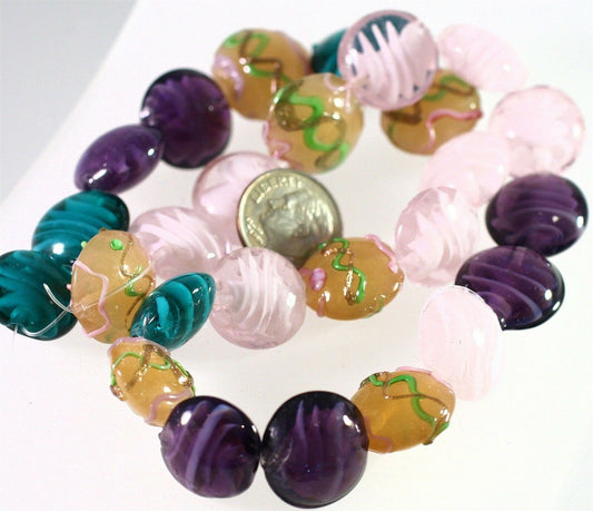 Lampworked Glass Multicolor 15-17mm Puffed Coin Beads, 1 Strand (approx. 24-26)