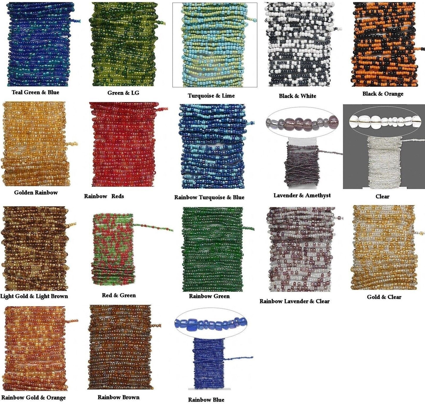 Collection of various bead strings in different colors and patterns on a white background