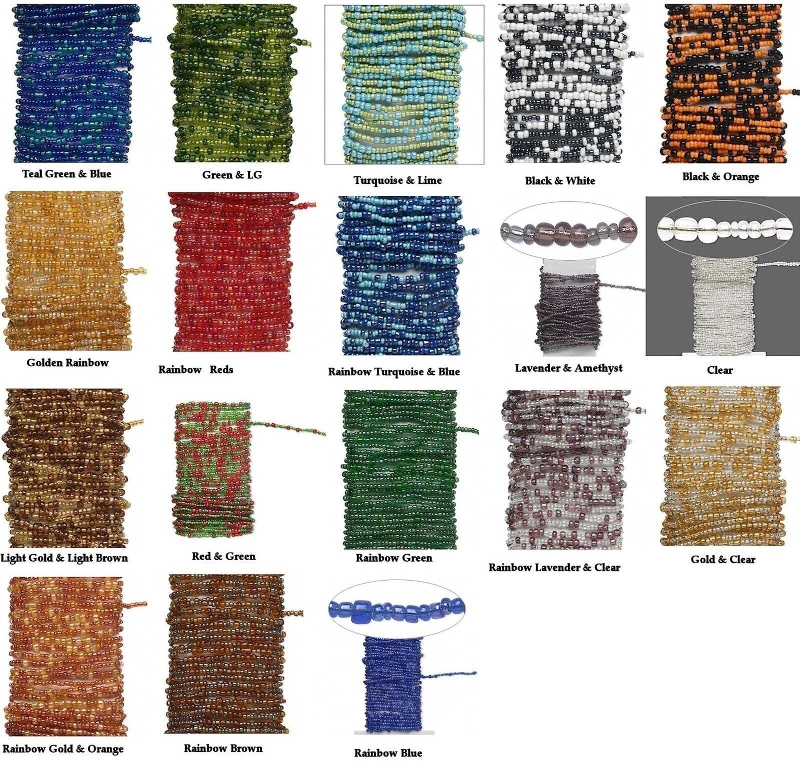 Collection of various bead strings in different colors and patterns on a white background