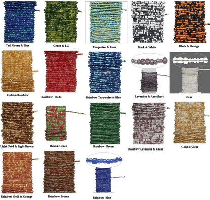 Collection of various bead strings in different colors and patterns on a white background