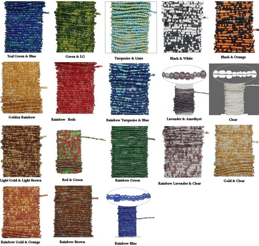 Collection of various bead strings in different colors and patterns on a white background