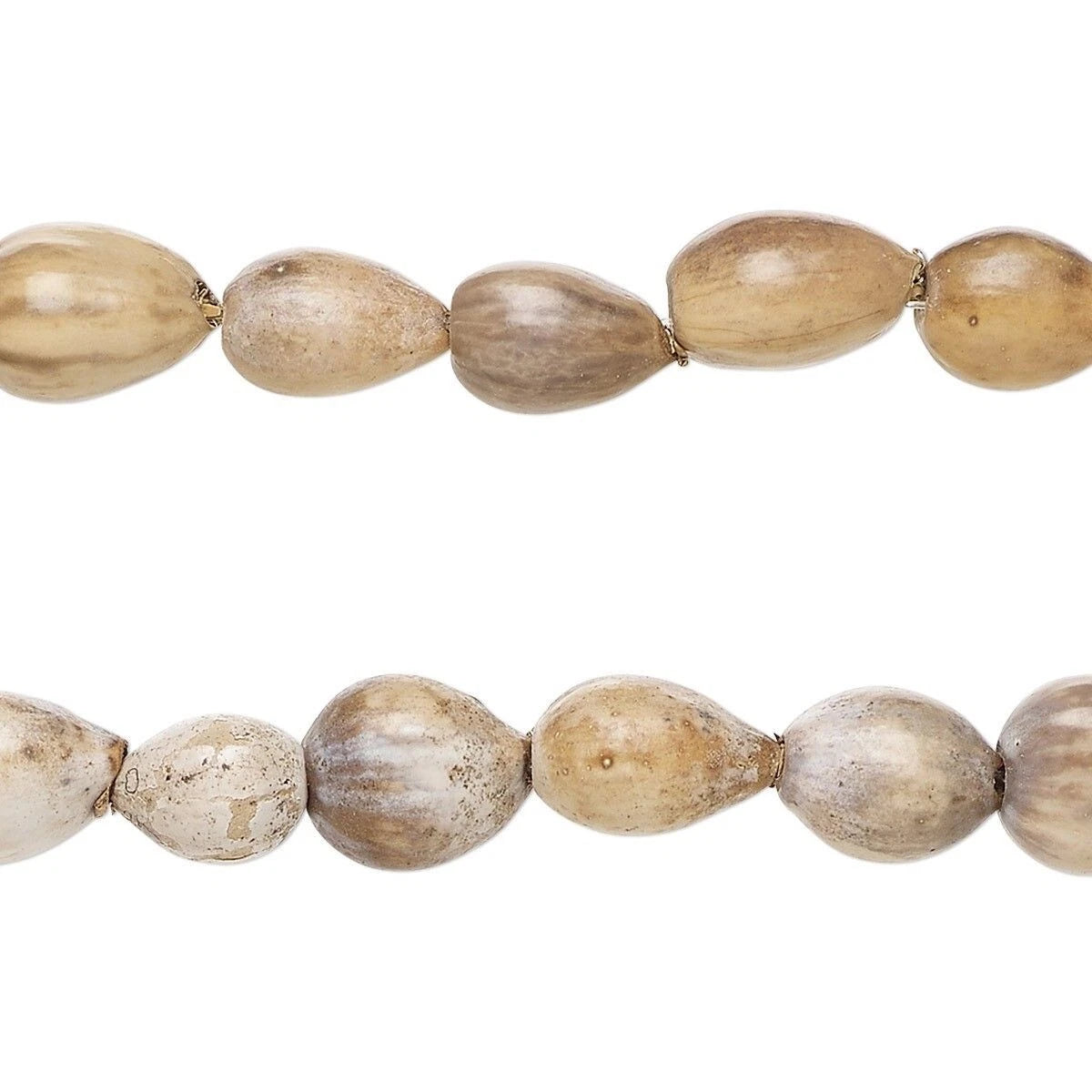 String of light brown wooden beads on a white background