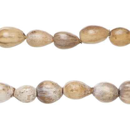 String of light brown wooden beads on a white background