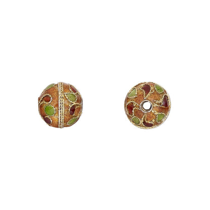 Brown & Green Cloisonné Round Beads 10mm, 4 pcs
