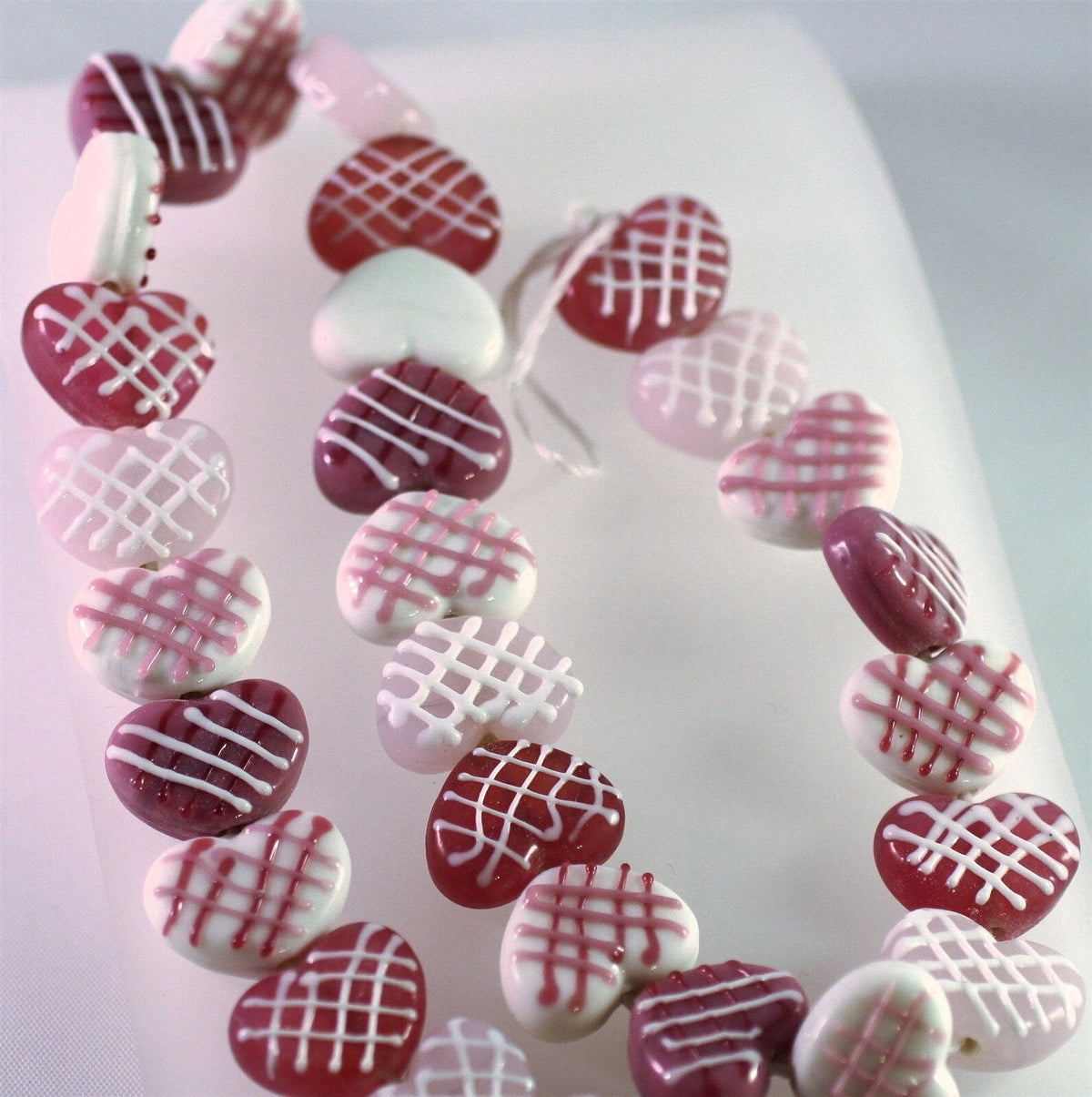 Lampwork Glass Heart Beads, Pink & White Criss Cross, 16x20mm, 1 strand