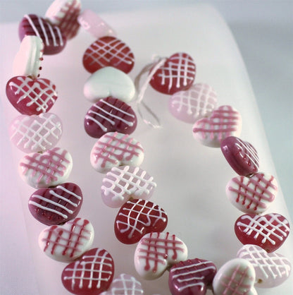 Lampwork Glass Heart Beads, Pink & White Criss Cross, 16x20mm, 1 strand