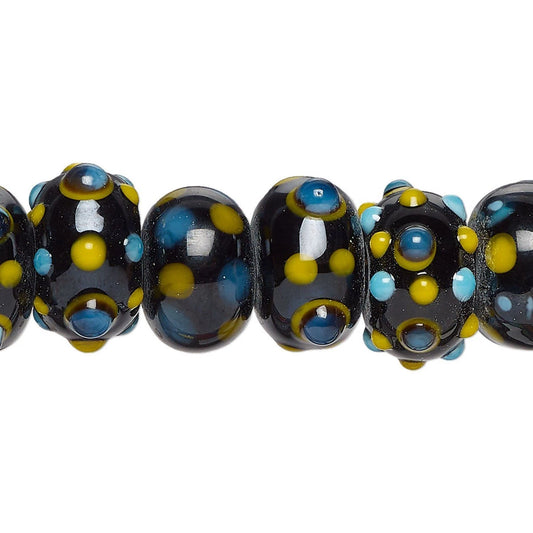 Lampwork Glass Bumpy Rondelle Beads, Black Yellow Turquoise, 14x10mm, pkg of 20