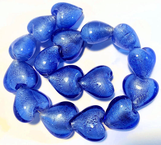 Lampwork Glass Blue Silver Foil Puffed Heart Beads, 27-29mm, 6 pcs